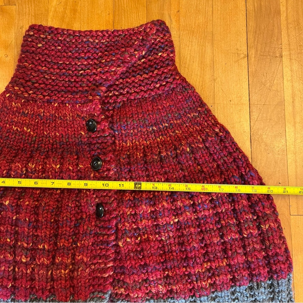 Handcrafted Deep Red and Grey Knit Button Open Front Cape - S/M - Picture 3 of 5